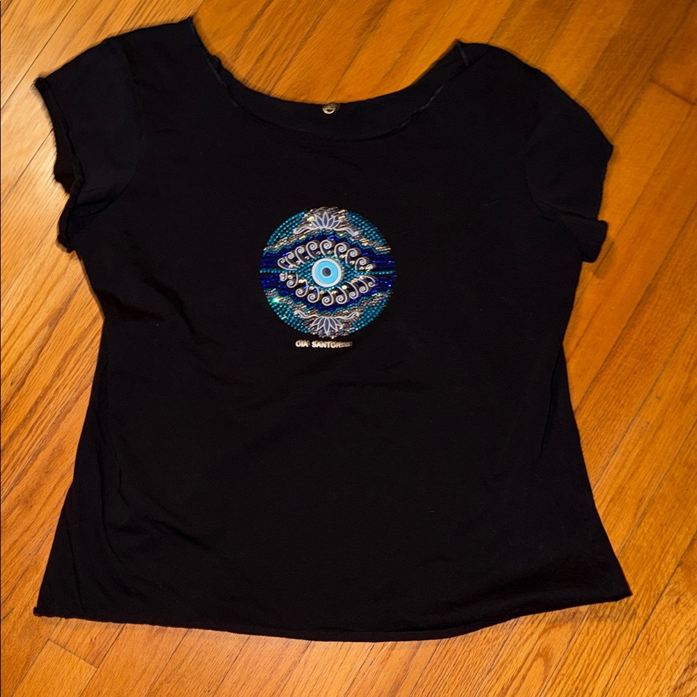 Black Rhinestone Evil Eye Graphic Women Top 2X